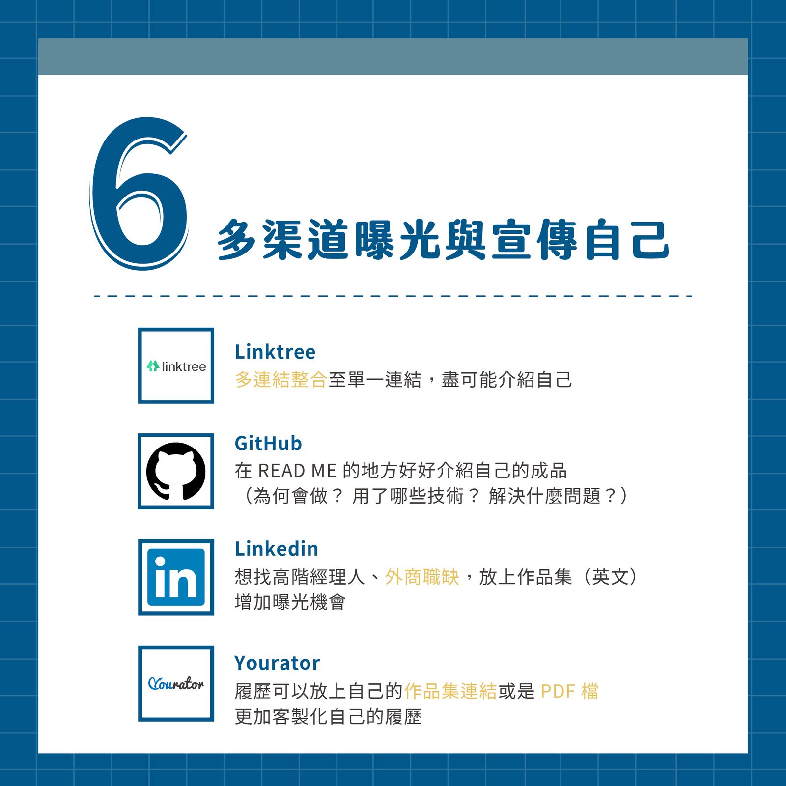 有了 Linktree、GitHub 或是擁有作品集連結後,還能放到 Yourator 履歷中的「專案與作品集」區,放置縮圖、打上作品集名稱、與作品描述、再放上連結,企業就能看到你自己製作的作品集囉。除此之外,不想放連結、也能放 PDF 檔,履歷區下滑至「個人化附件」區,放上自己的作品集附件就可以囉!
